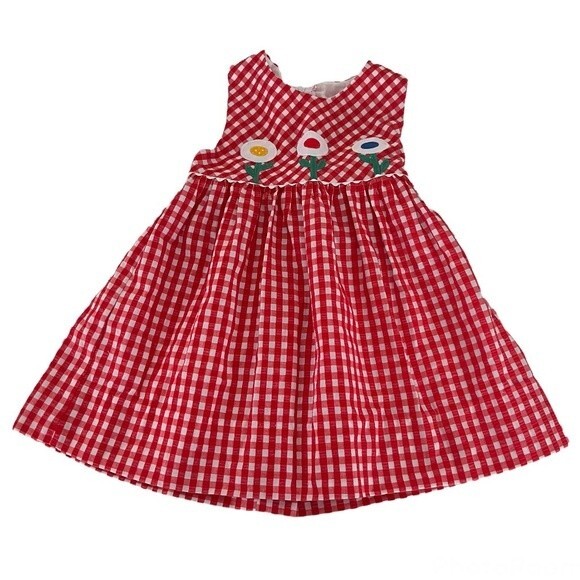 HANDMADE Girls Red White Check Dress Floral Appliqués Gingham Seersucker - Picture 3 of 6